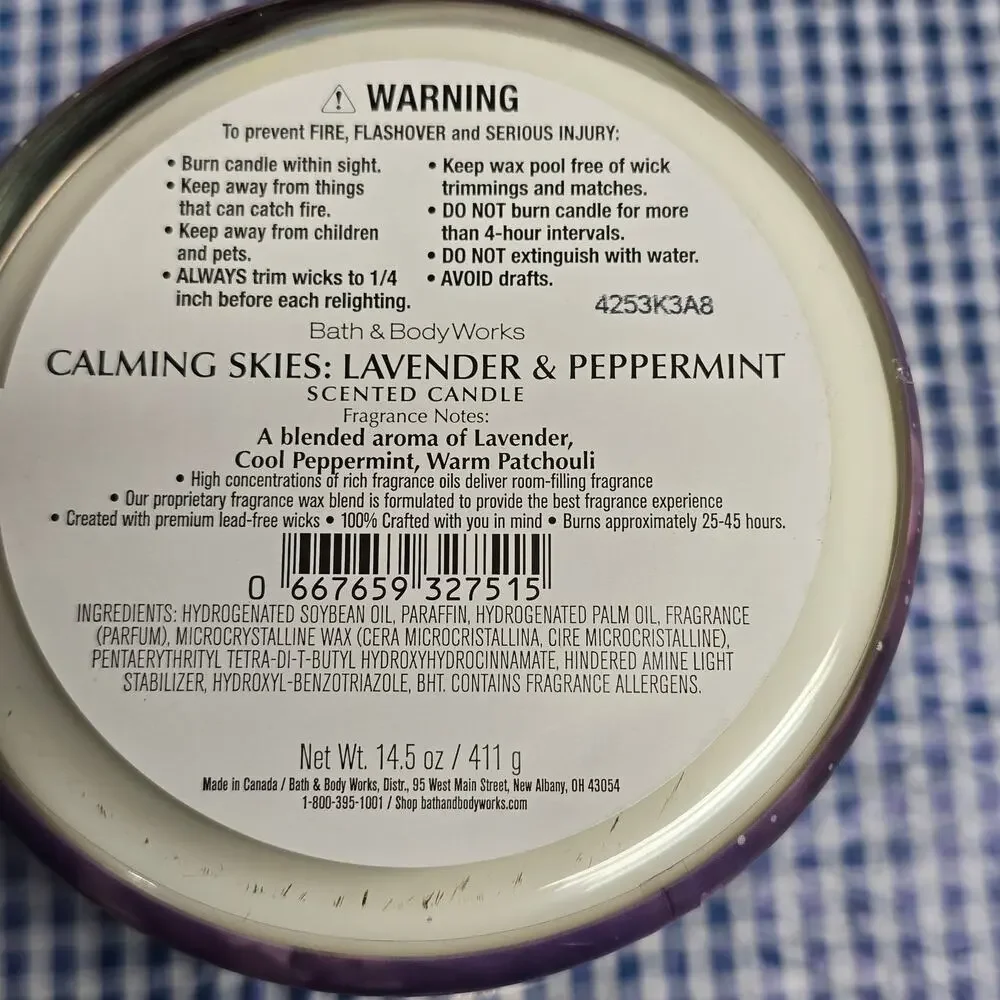 BBW Aroma Calming Skies Lavender & Peppermint Large 3 Wick Candle Home Fragrance